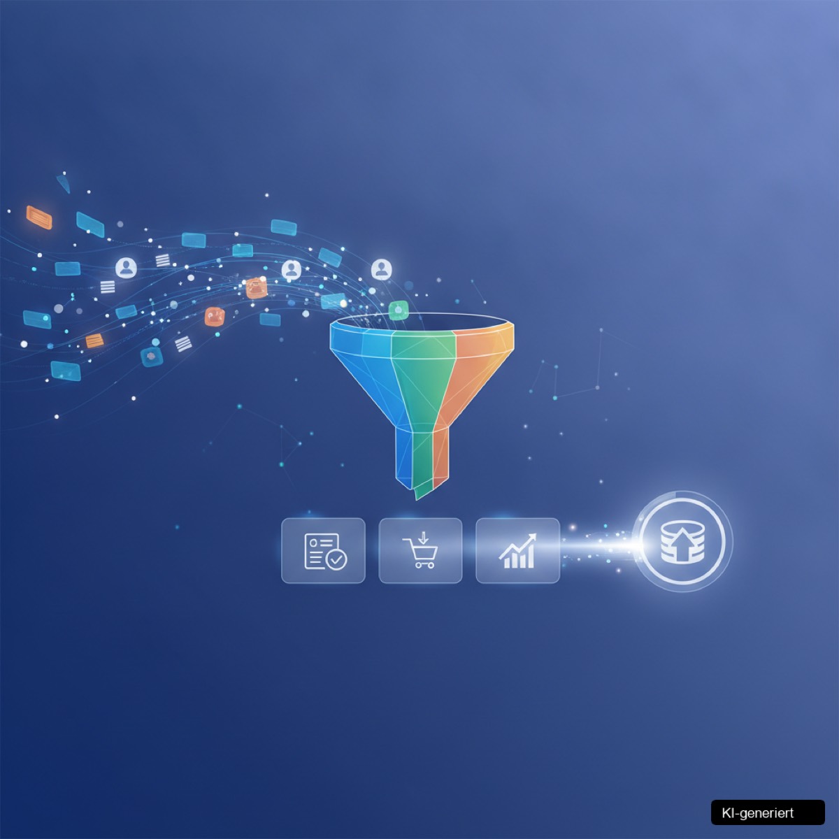 Grafische Darstellung eines KI Lead Funnels mit intelligenten Chatbots und automatisierter Qualifizierung.